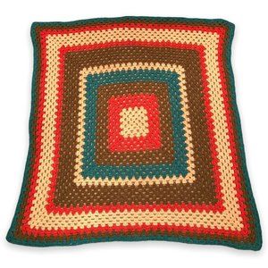 Vintage Handmade Knit Crochet Blanket Afghan Green/Brown Large Square 45” X 45”